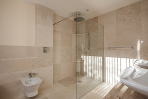 Salle de bain avec douche italienne dans un coin.