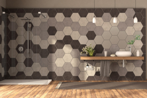 Salle de bain à carrelage hexagonal.