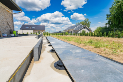 Pose d'une terrasse sur plots solide et stable.